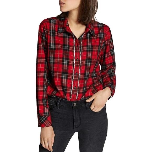 NWT Sanctuary Rockstar Rhinestone Stud Boyfriend Red XS bling plaid button up - Picture 3 of 9